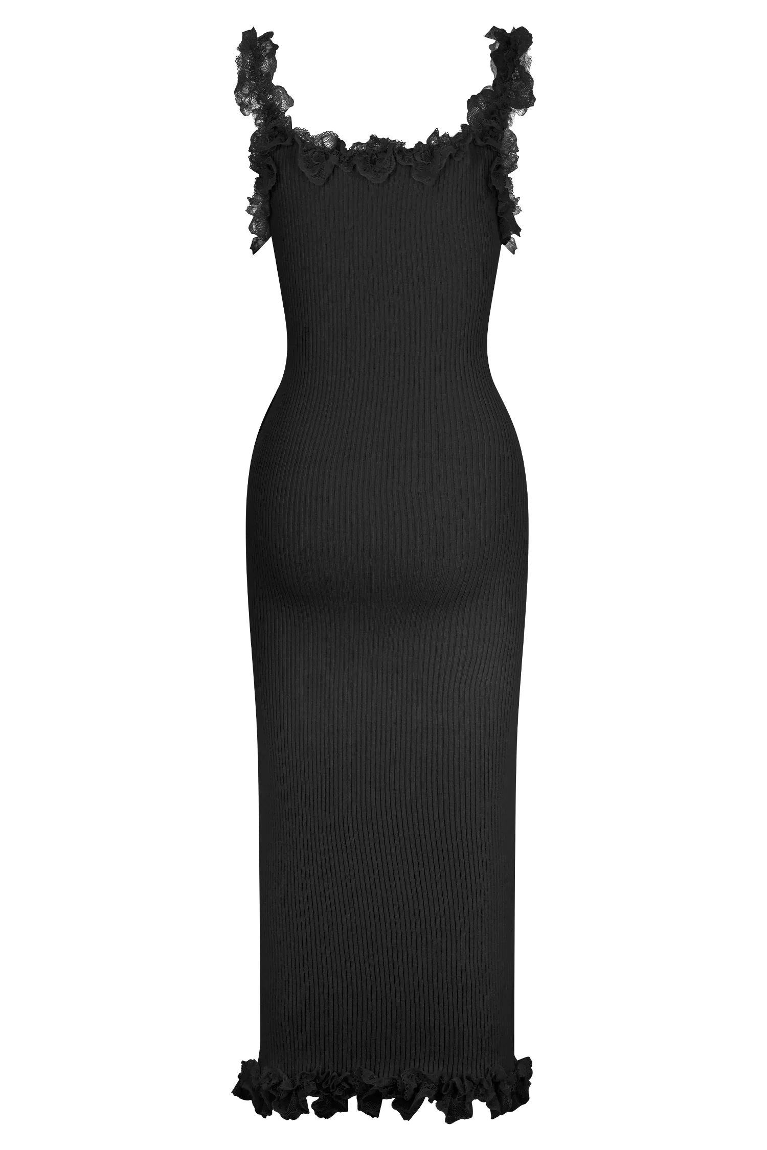 Shay Lace Ruffle Knit Midi Dress - Black