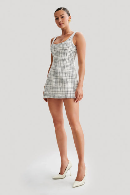 Beth Tweed Mini Dress - White Check
