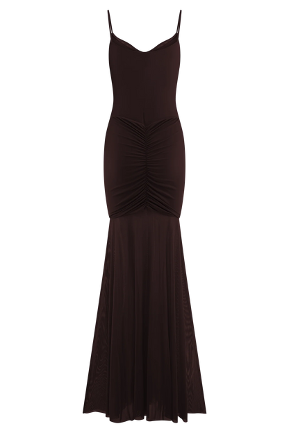 Delaney Slinky And Mesh Maxi Dress - Chocolate