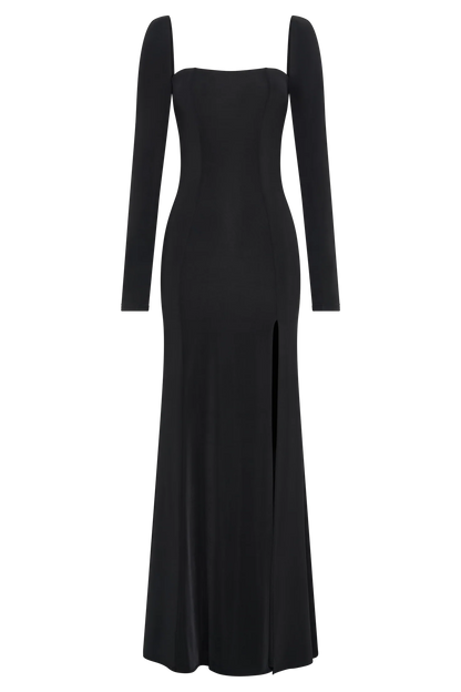 Desirie Slinky Long Sleeve Maxi Dress With Split - Black