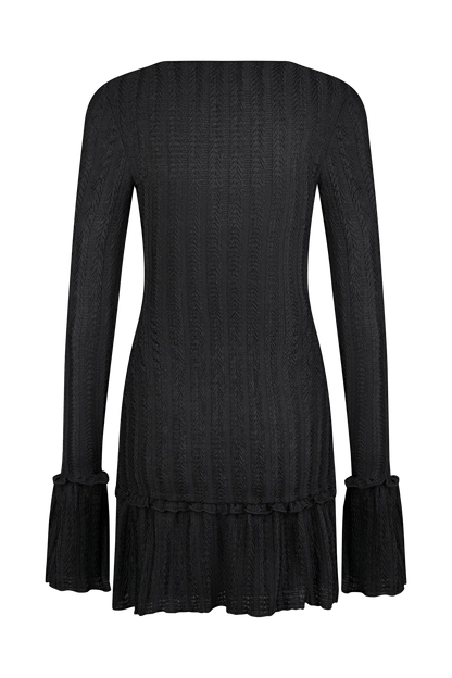 Daphne Pointelle Long Sleeve Mini Dress - Black