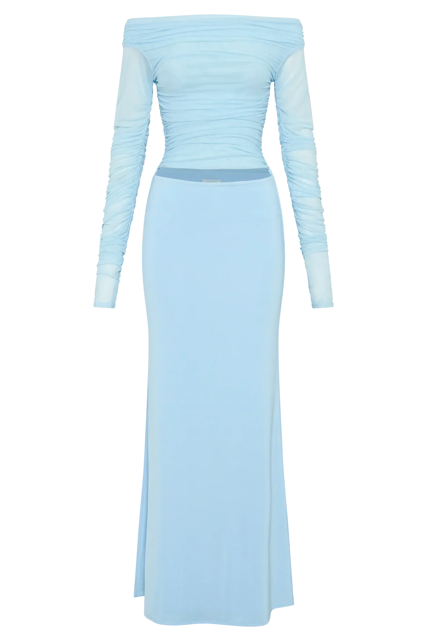 Darla Mesh And Slinky Off Shoulder Maxi Dress - Sky Blue
