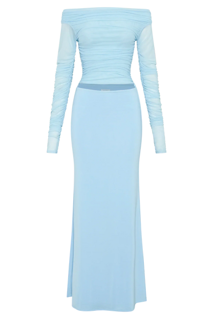 Darla Mesh And Slinky Off Shoulder Maxi Dress - Sky Blue