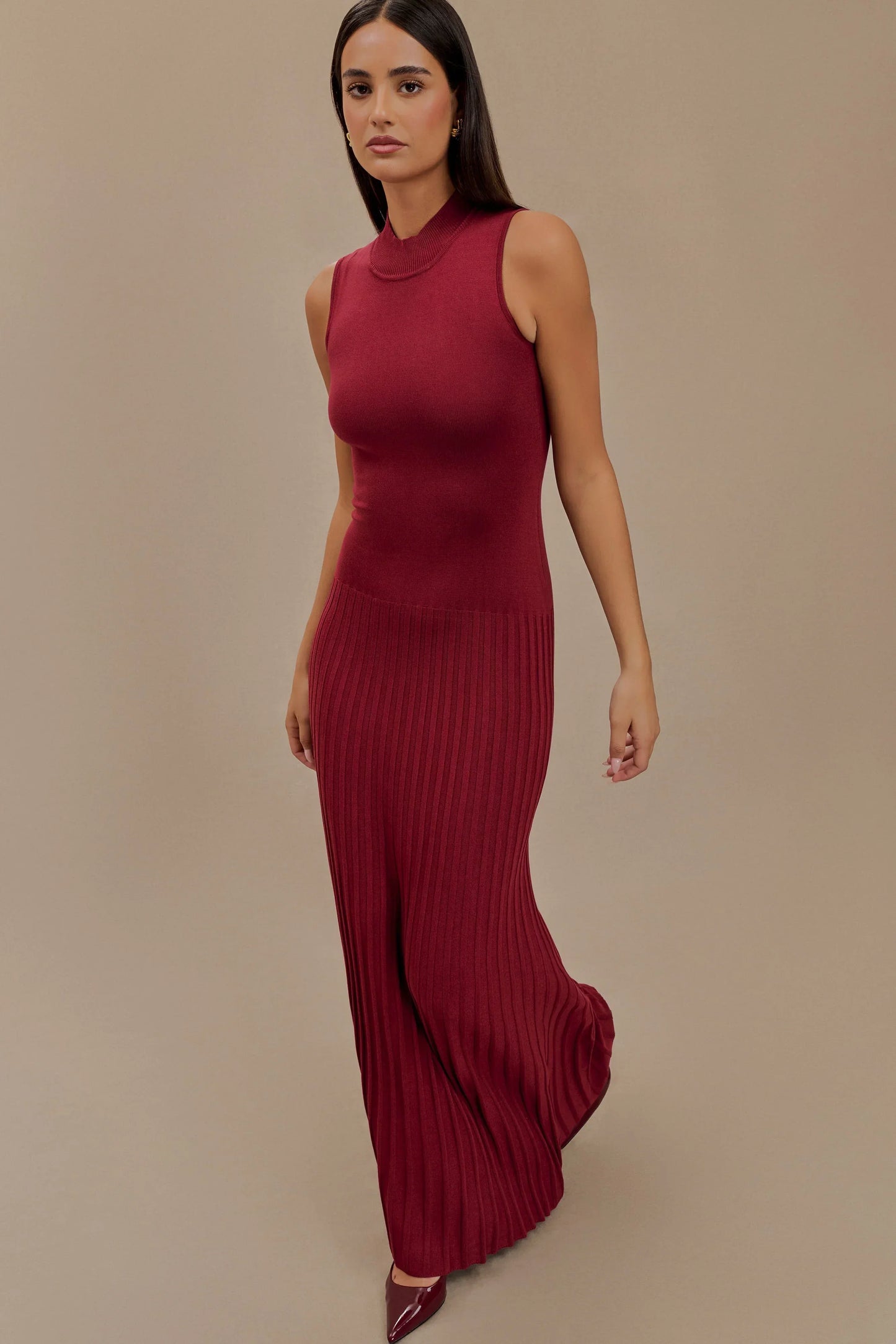 Mavis High Neck Pleated Maxi Dress - Mahogany