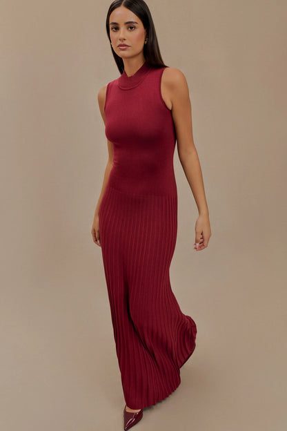 Mavis High Neck Pleated Maxi Dress - Mahogany