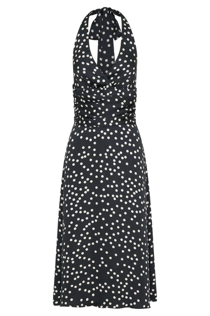 Marguerite Satin Halter Midi Dress - Black Polka Dot Print