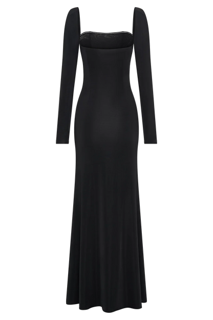 Desirie Slinky Long Sleeve Maxi Dress With Split - Black