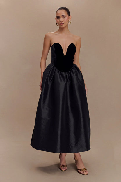 Flora Strapless Velvet Midi Dress - Black