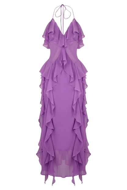Aleyna Chiffon Ruffle Midi Dress - Purple