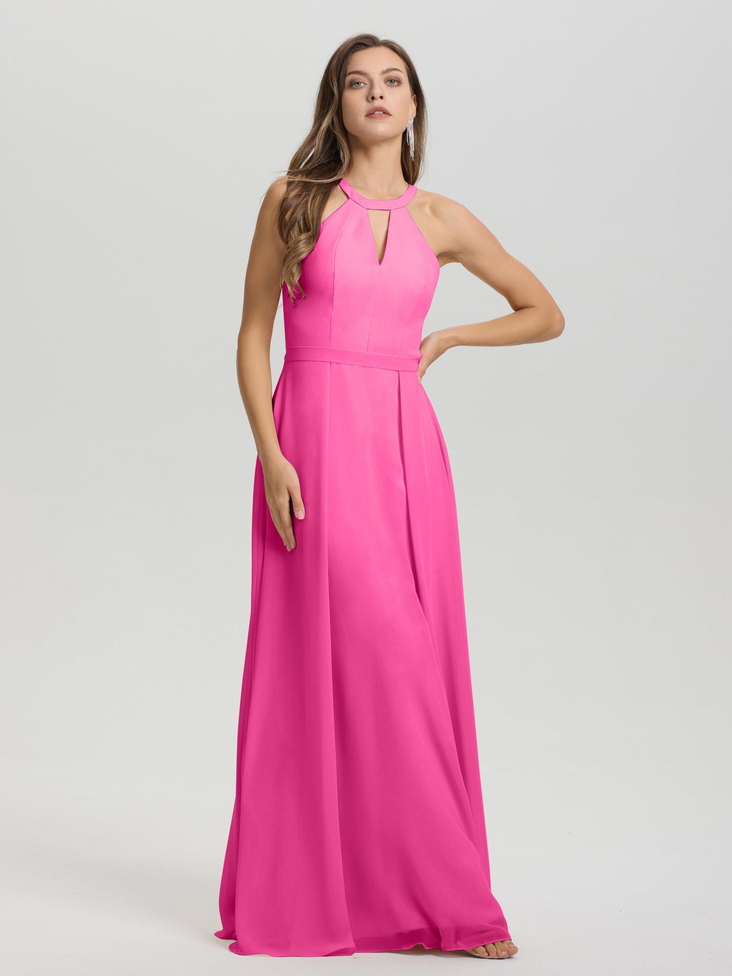 A-Line Hater Key Hole Sleeveless Floor Length Chiffon Bridesmaid Dress