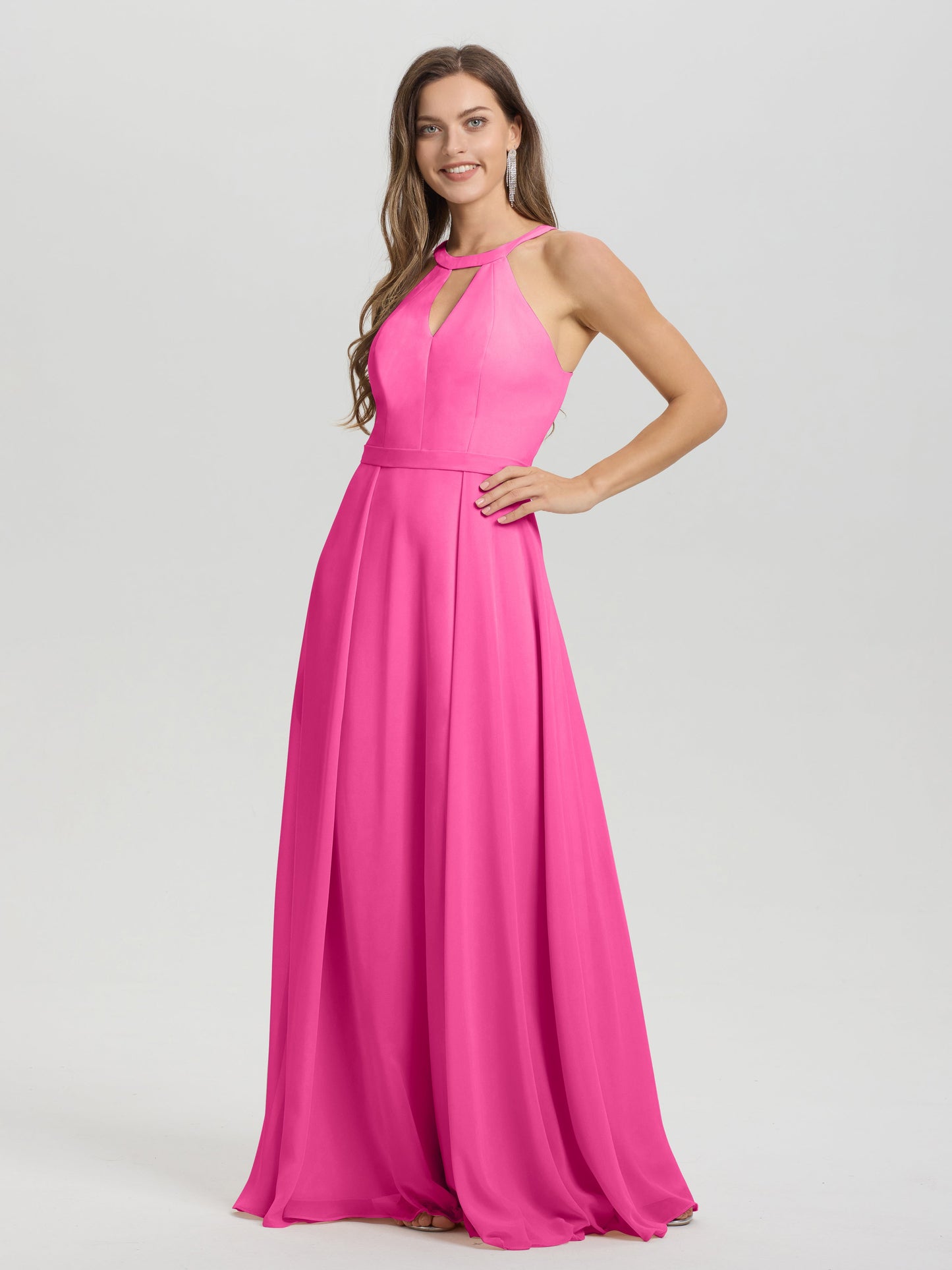 A-Line Hater Key Hole Sleeveless Floor Length Chiffon Bridesmaid Dress