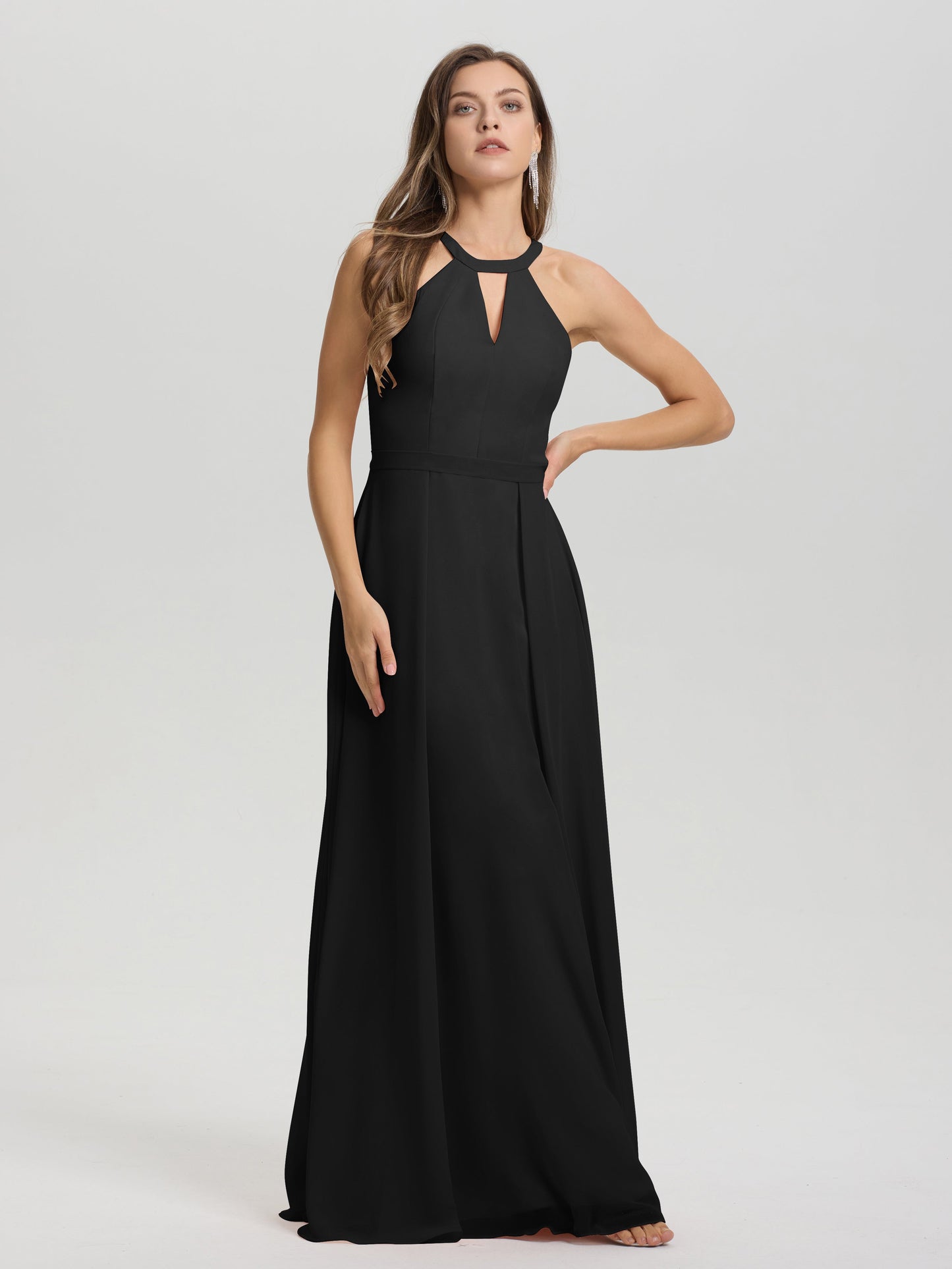 A-Line Hater Key Hole Sleeveless Floor Length Chiffon Bridesmaid Dress