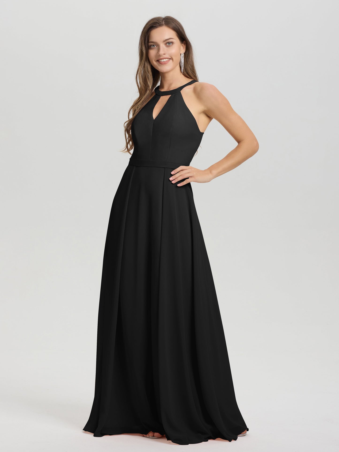A-Line Hater Key Hole Sleeveless Floor Length Chiffon Bridesmaid Dress