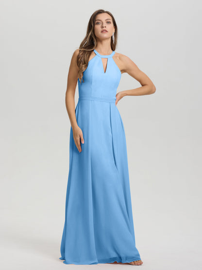 A-Line Hater Key Hole Sleeveless Floor Length Chiffon Bridesmaid Dress
