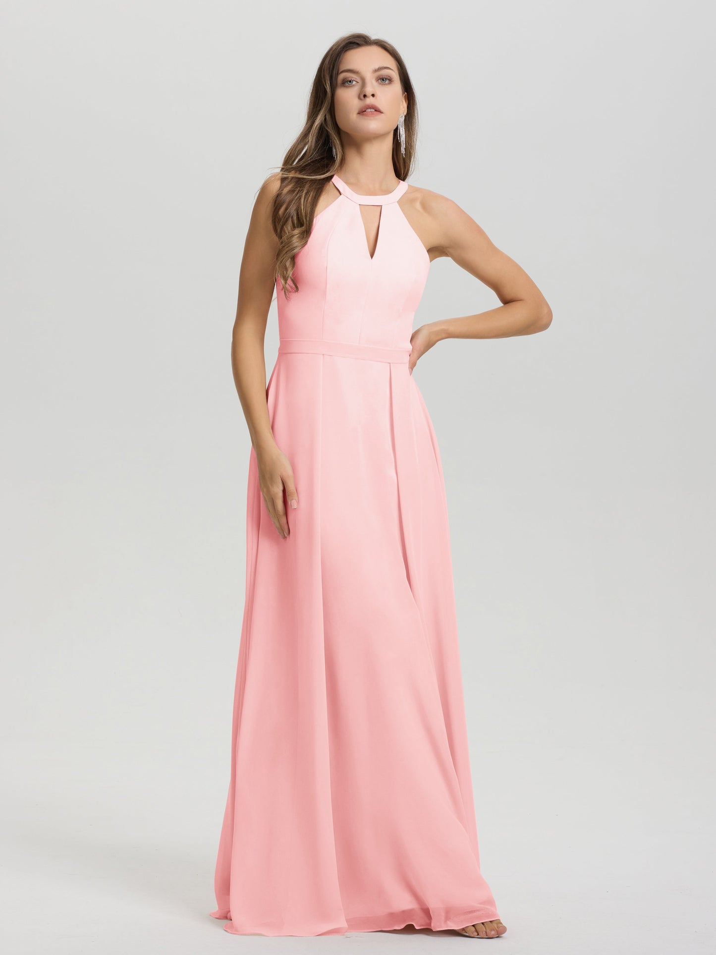 A-Line Hater Key Hole Sleeveless Floor Length Chiffon Bridesmaid Dress