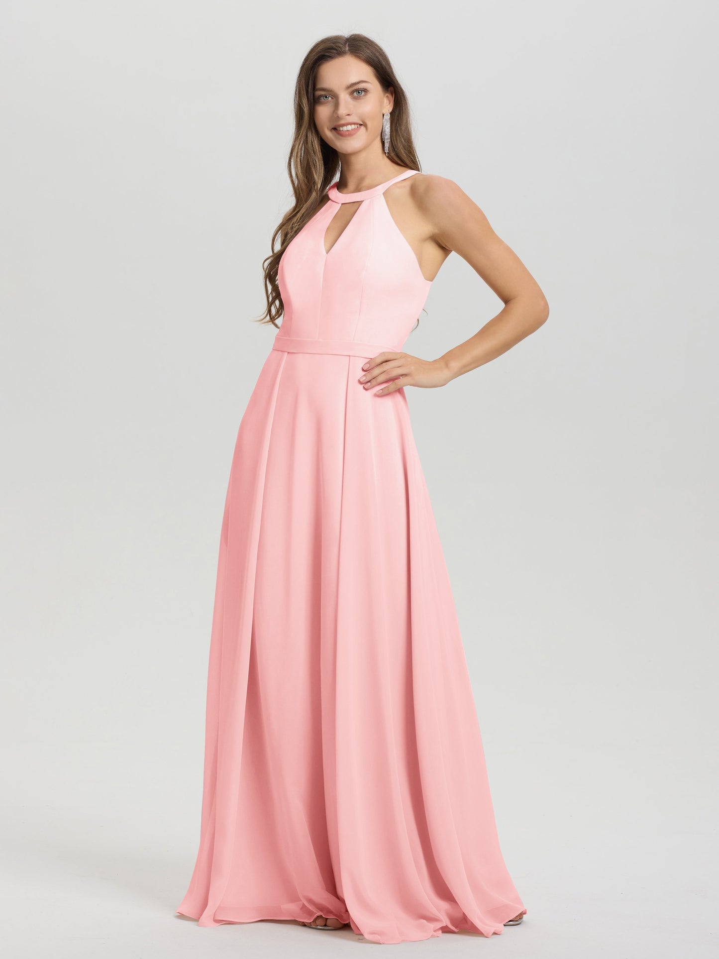 A-Line Hater Key Hole Sleeveless Floor Length Chiffon Bridesmaid Dress