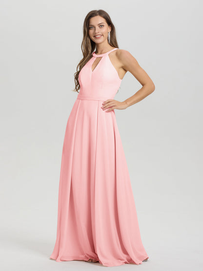 A-Line Hater Key Hole Sleeveless Floor Length Chiffon Bridesmaid Dress