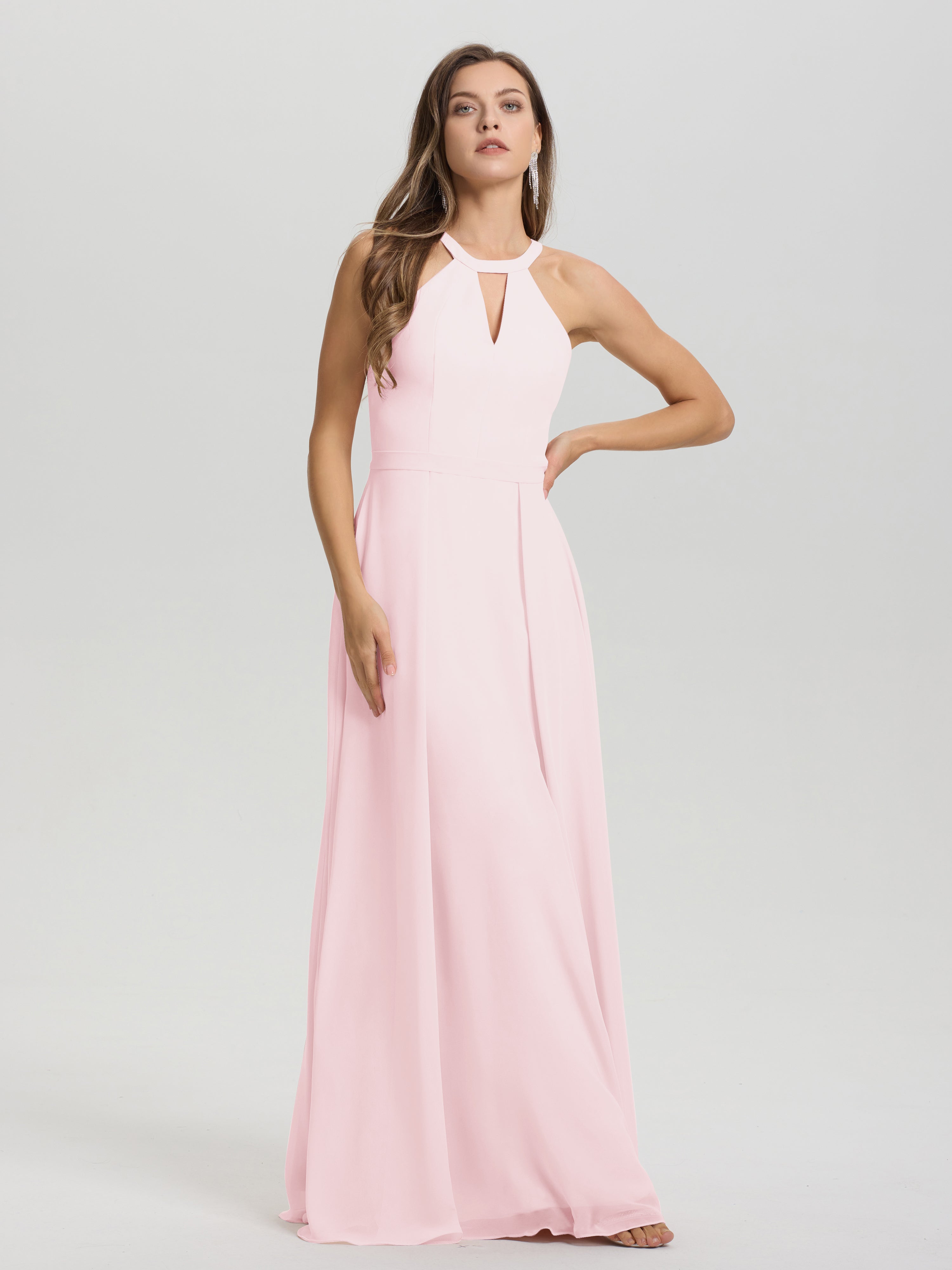 A-Line Hater Key Hole Sleeveless Floor Length Chiffon Bridesmaid Dress