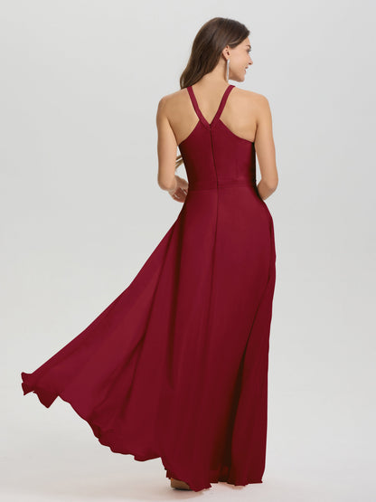 A-Line Hater Key Hole Sleeveless Floor Length Chiffon Bridesmaid Dress