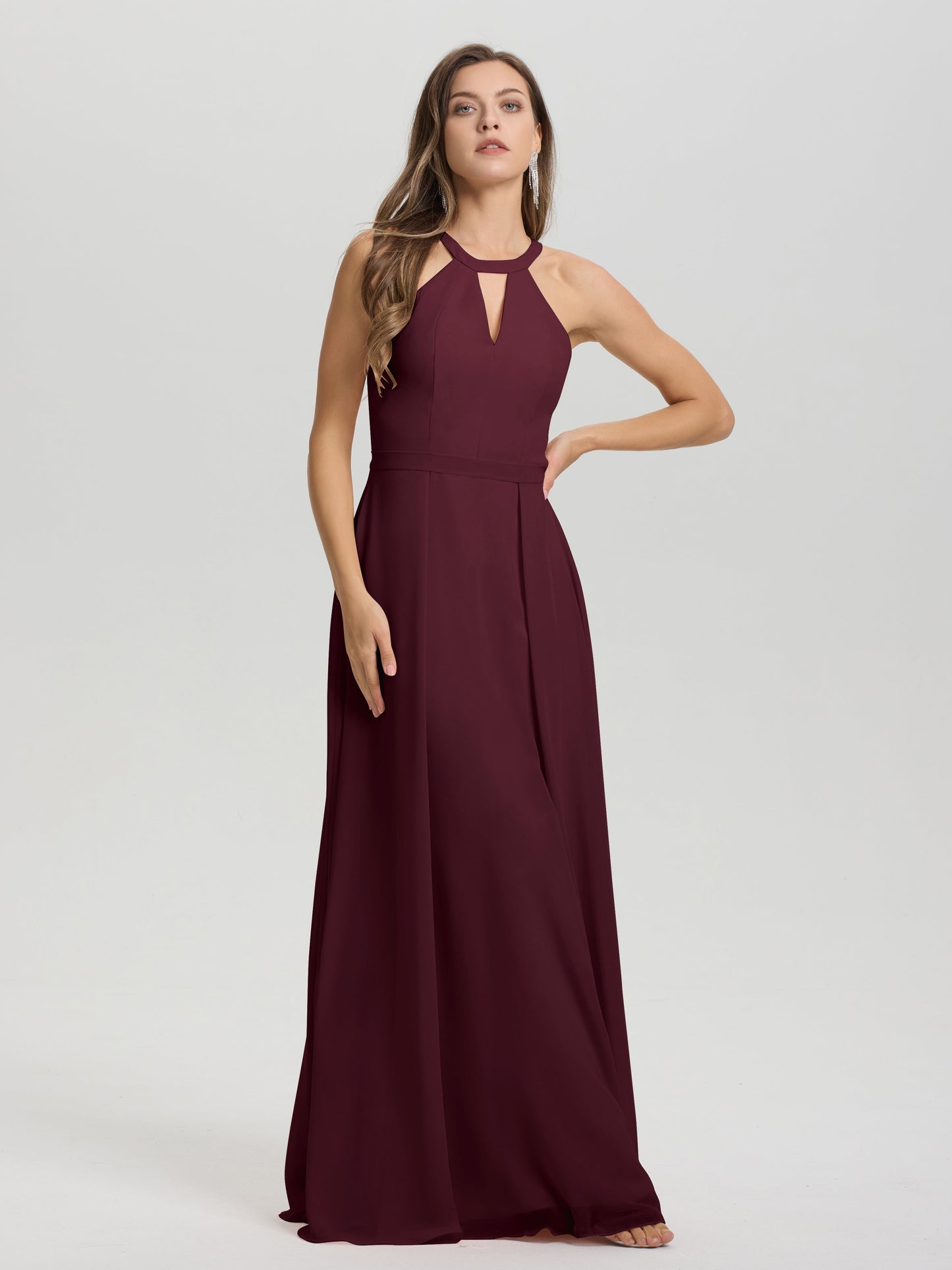 A-Line Hater Key Hole Sleeveless Floor Length Chiffon Bridesmaid Dress