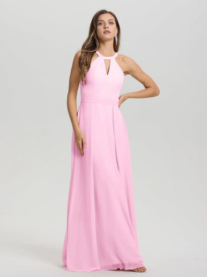 A-Line Hater Key Hole Sleeveless Floor Length Chiffon Bridesmaid Dress