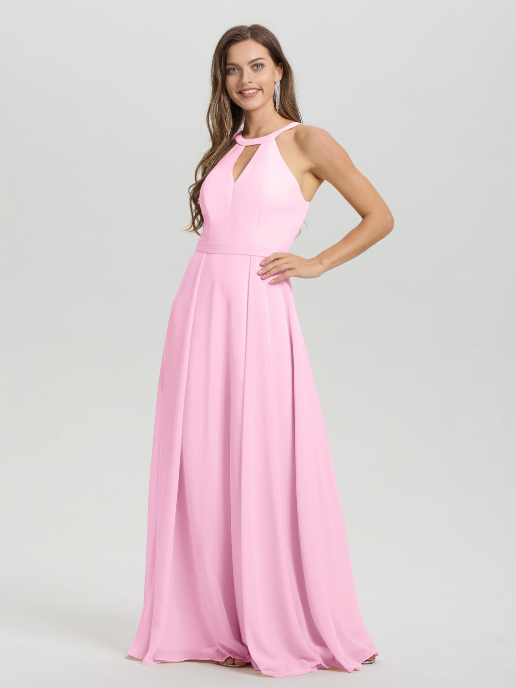 A-Line Hater Key Hole Sleeveless Floor Length Chiffon Bridesmaid Dress