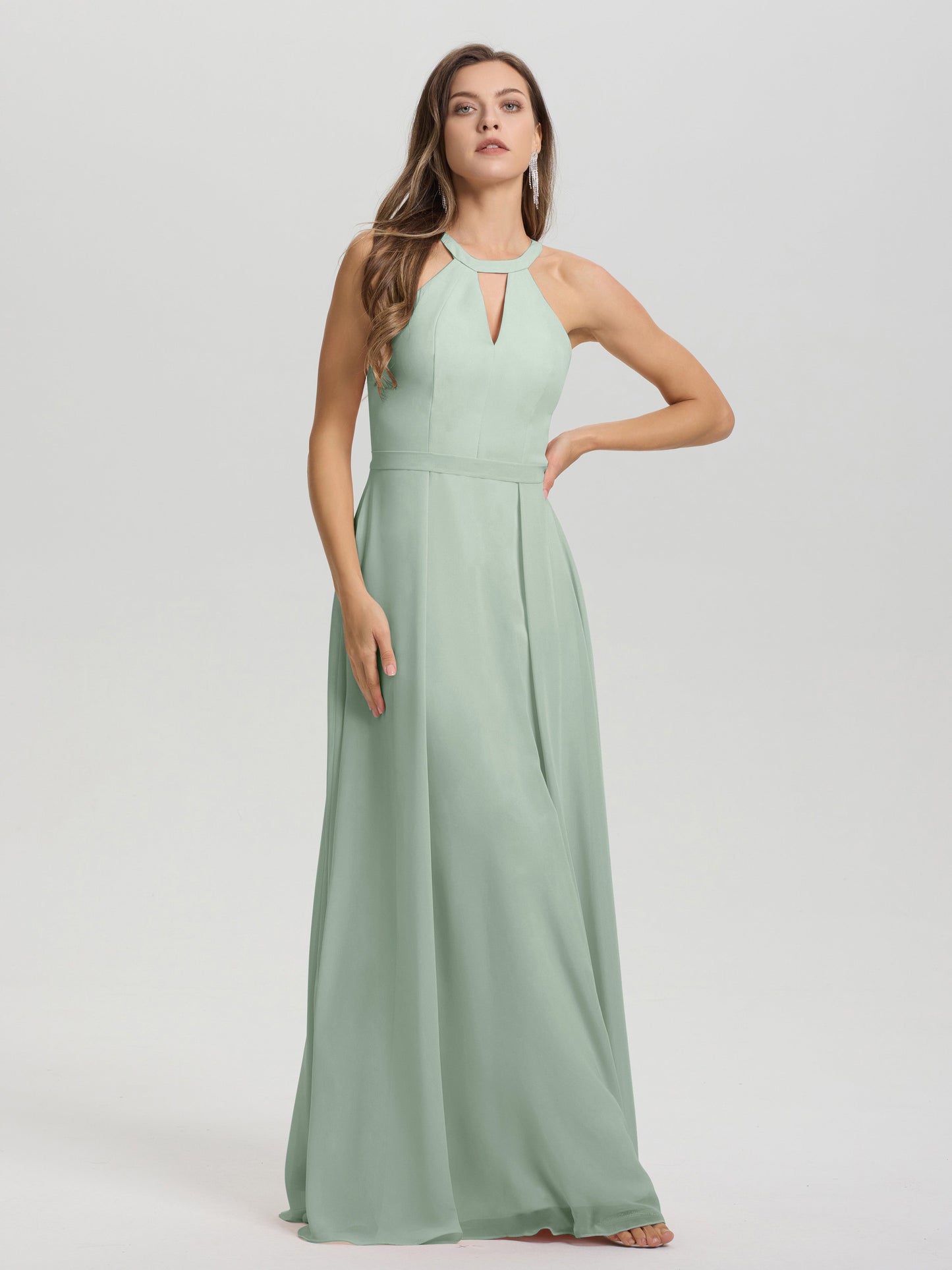 A-Line Hater Key Hole Sleeveless Floor Length Chiffon Bridesmaid Dress