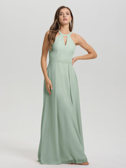 A-Line Hater Key Hole Sleeveless Floor Length Chiffon Bridesmaid Dress
