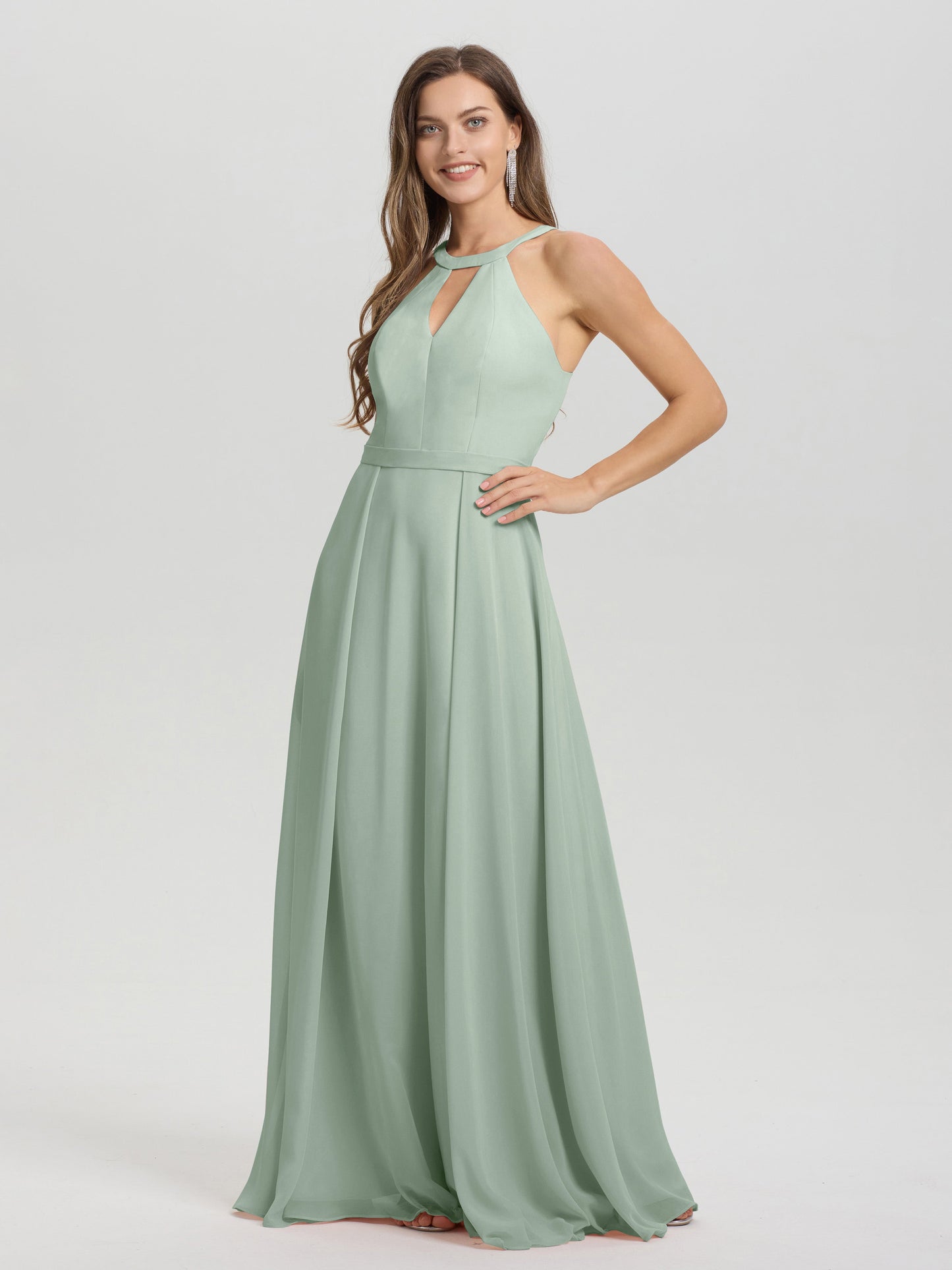 A-Line Hater Key Hole Sleeveless Floor Length Chiffon Bridesmaid Dress