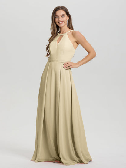 A-Line Hater Key Hole Sleeveless Floor Length Chiffon Bridesmaid Dress