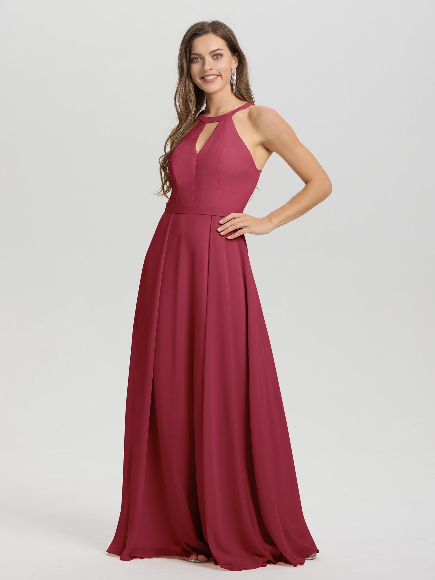 A-Line Hater Key Hole Sleeveless Floor Length Chiffon Bridesmaid Dress