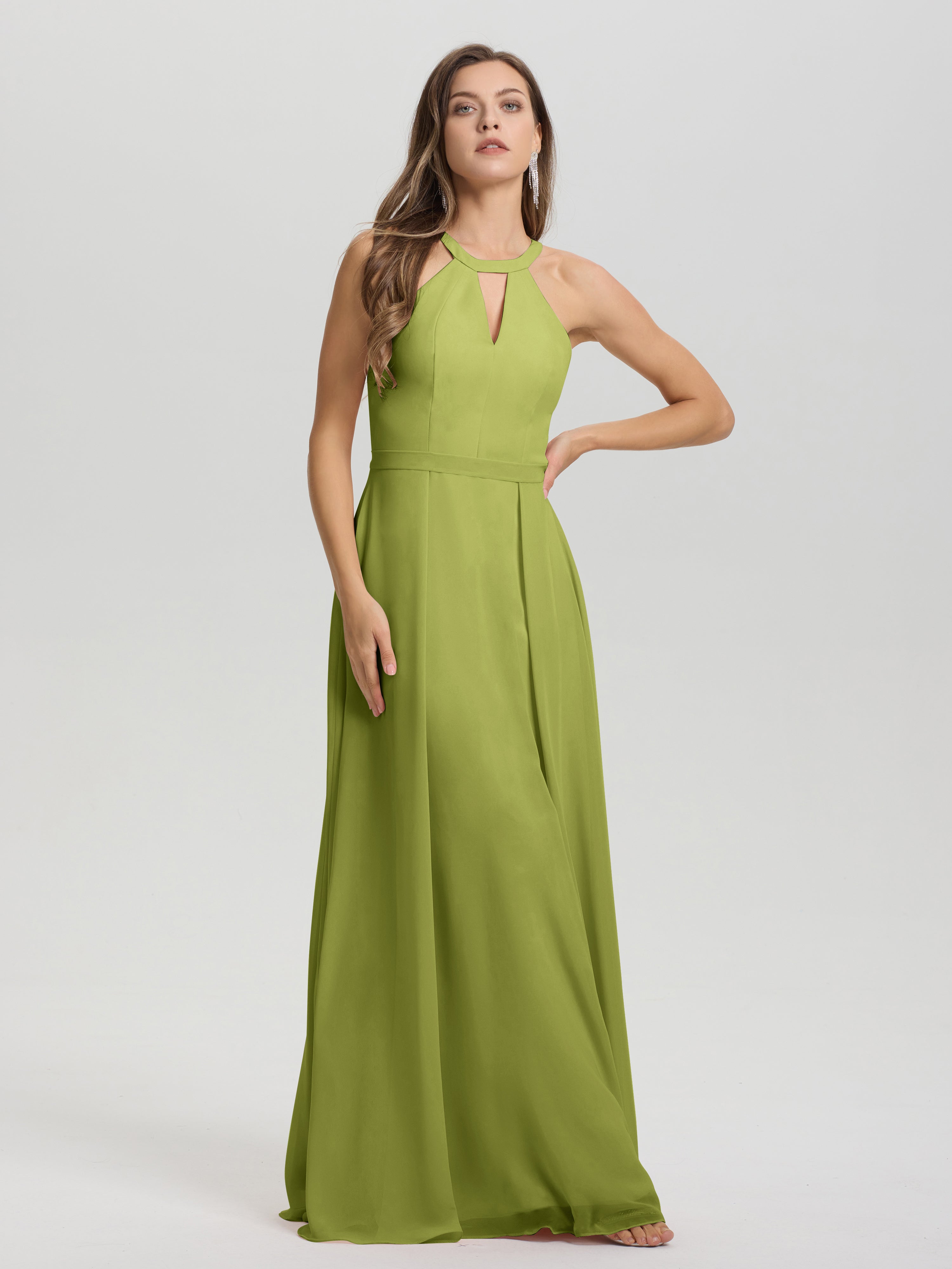 A-Line Hater Key Hole Sleeveless Floor Length Chiffon Bridesmaid Dress