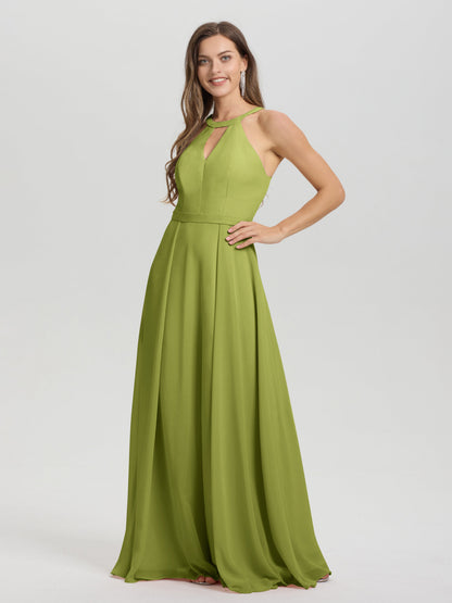 A-Line Hater Key Hole Sleeveless Floor Length Chiffon Bridesmaid Dress