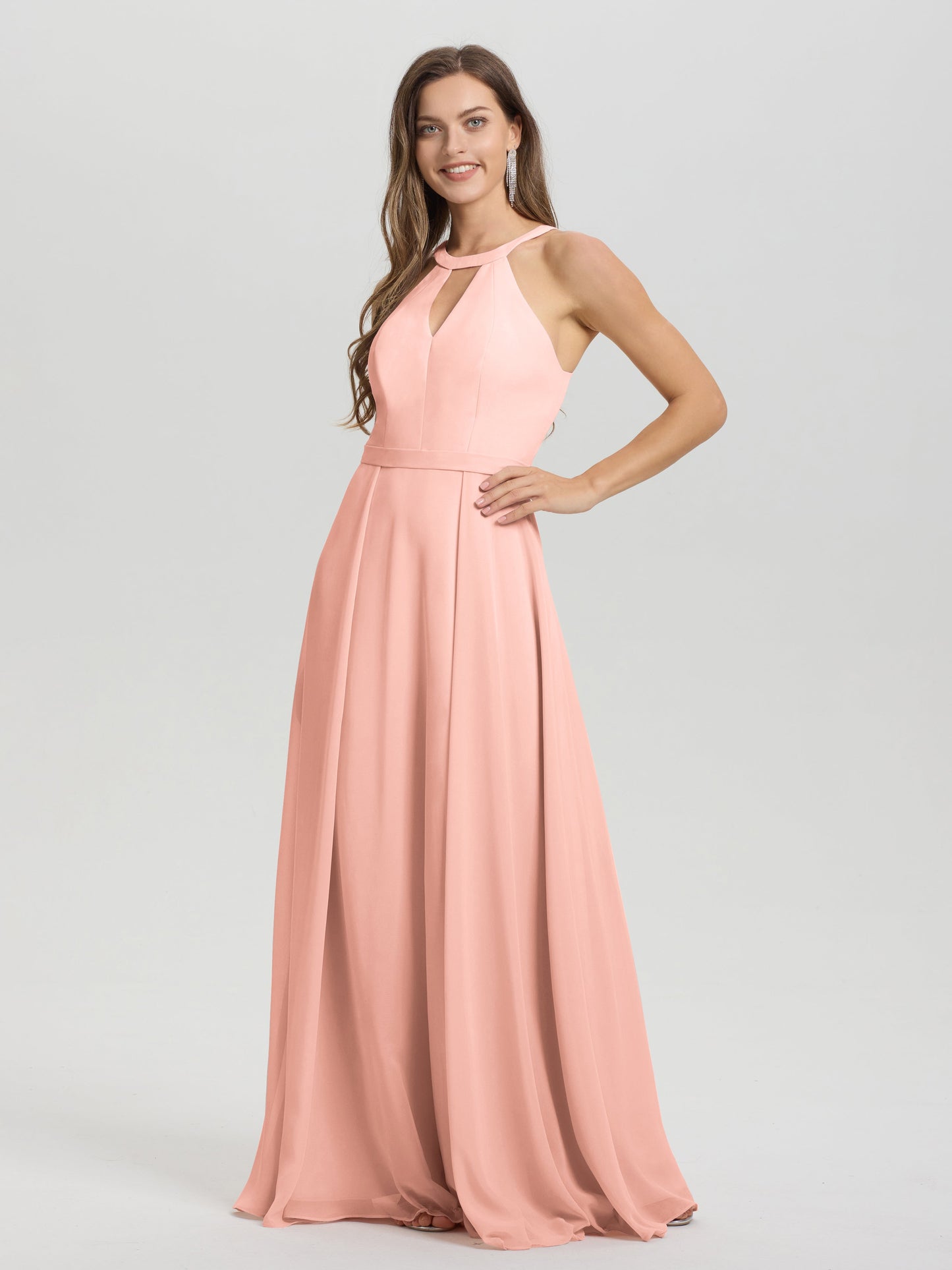 A-Line Hater Key Hole Sleeveless Floor Length Chiffon Bridesmaid Dress