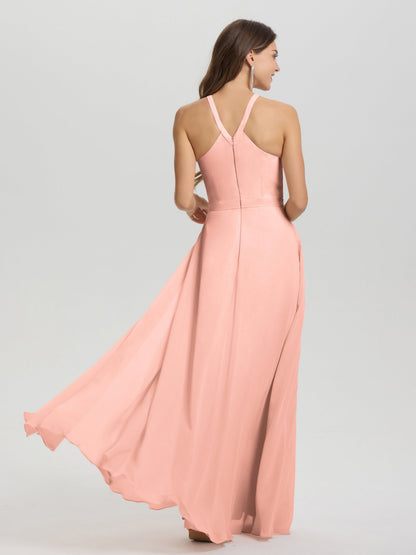 A-Line Hater Key Hole Sleeveless Floor Length Chiffon Bridesmaid Dress