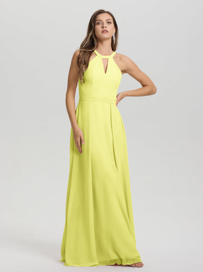 A-Line Hater Key Hole Sleeveless Floor Length Chiffon Bridesmaid Dress