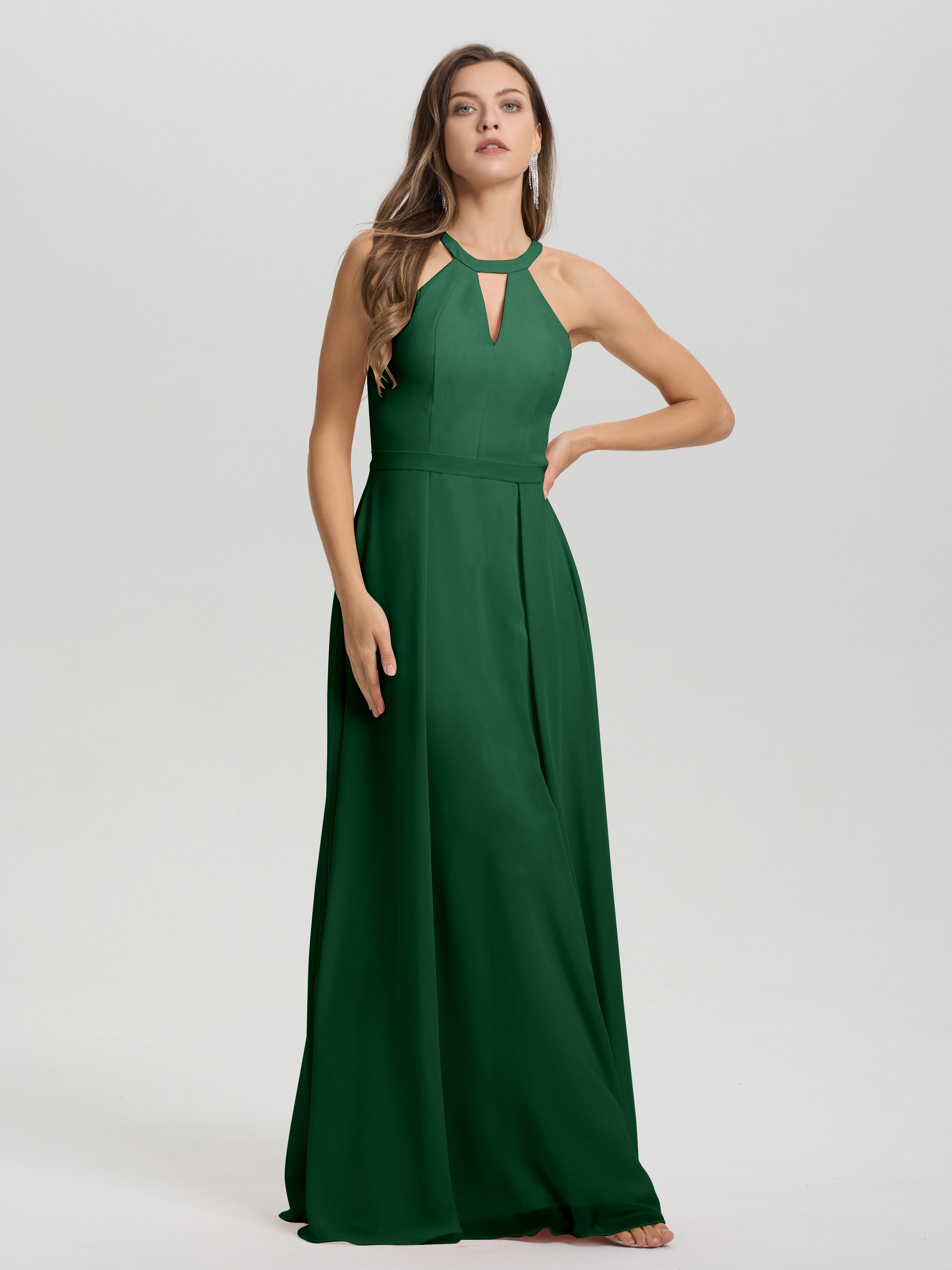 A-Line Hater Key Hole Sleeveless Floor Length Chiffon Bridesmaid Dress