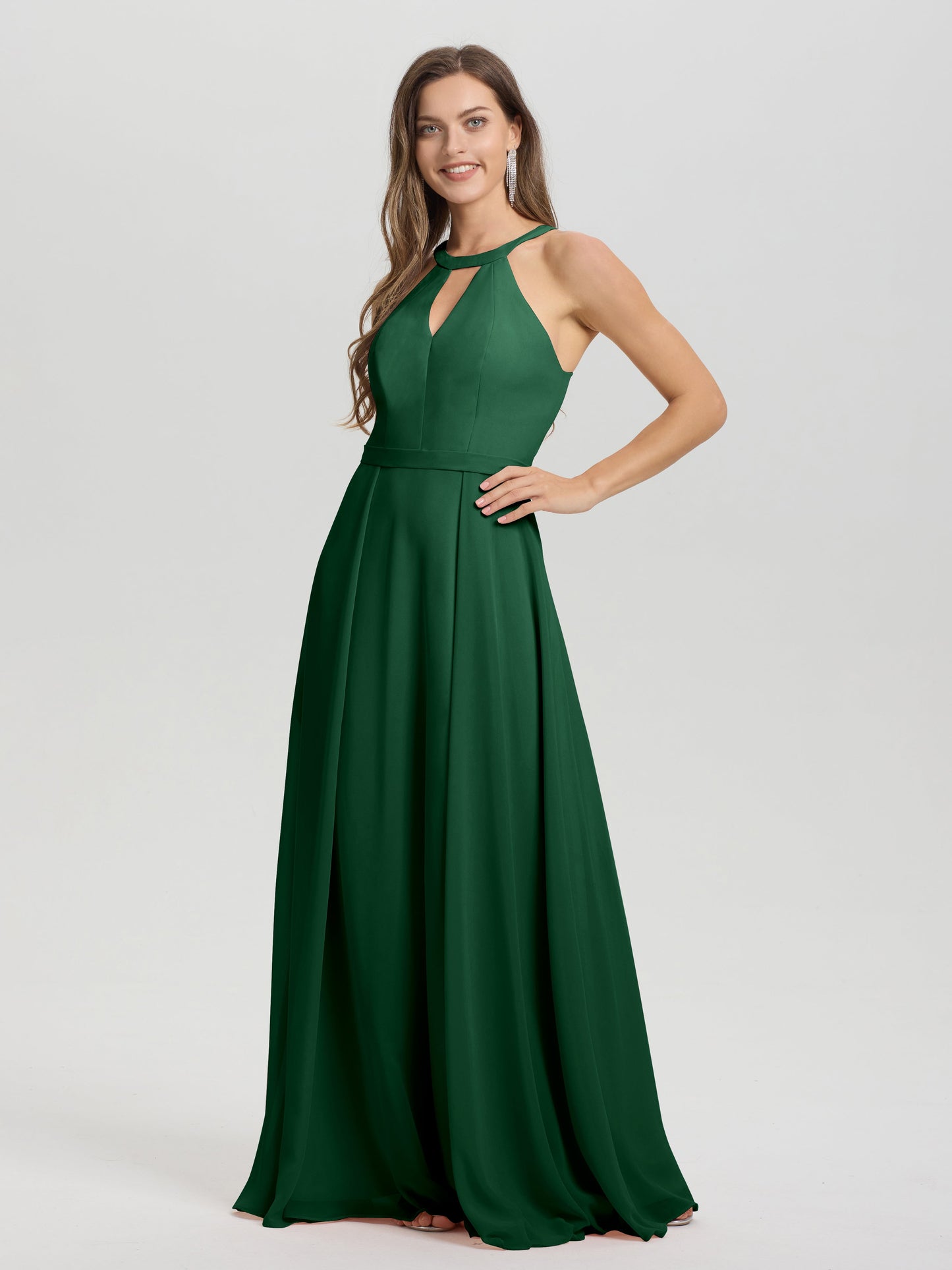 A-Line Hater Key Hole Sleeveless Floor Length Chiffon Bridesmaid Dress