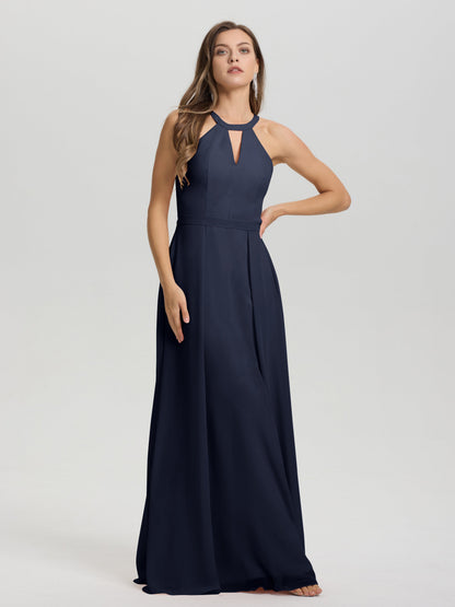A-Line Hater Key Hole Sleeveless Floor Length Chiffon Bridesmaid Dress