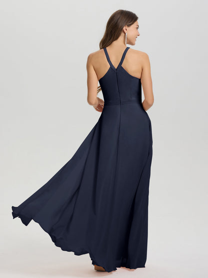 A-Line Hater Key Hole Sleeveless Floor Length Chiffon Bridesmaid Dress