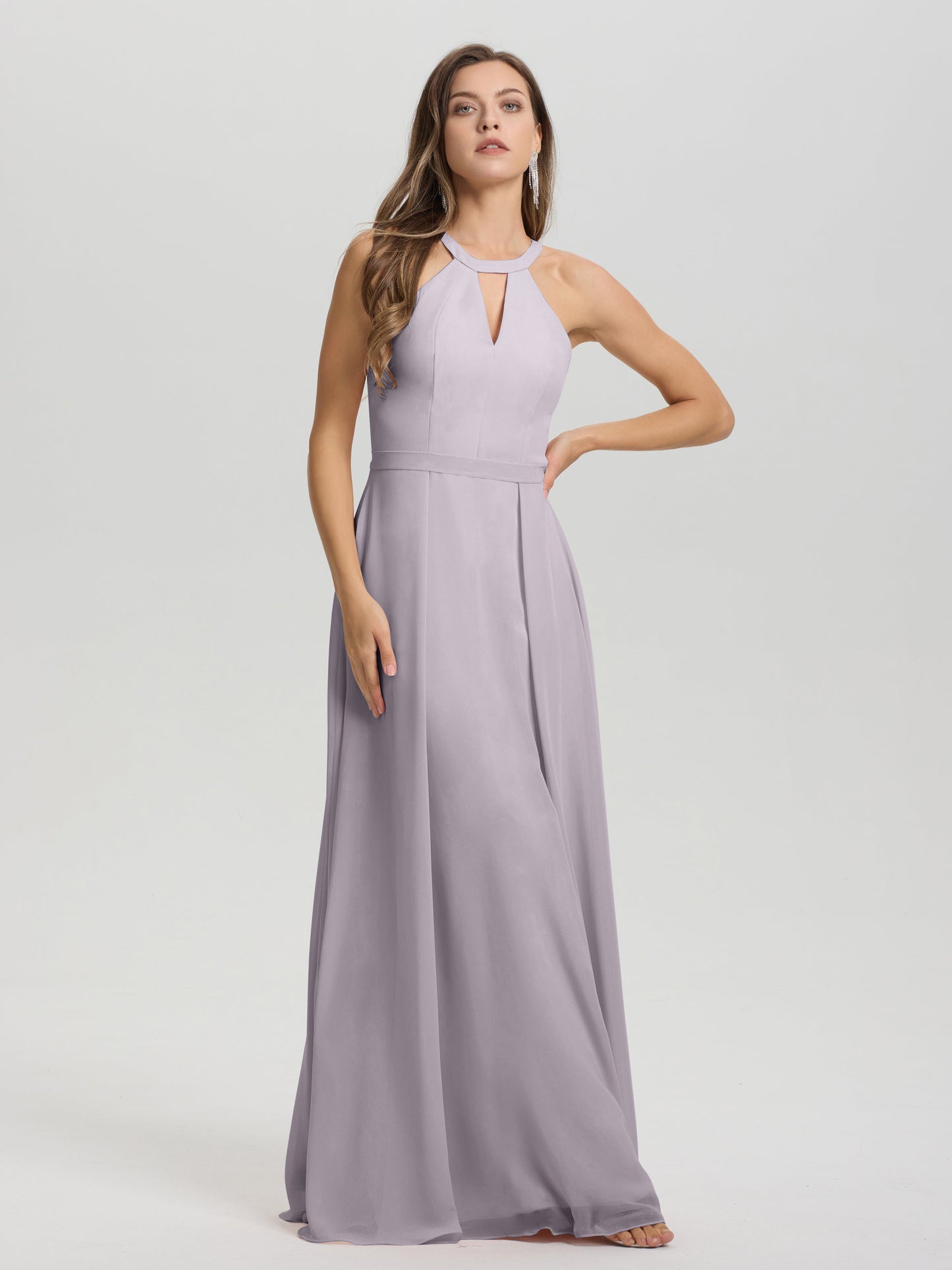 A-Line Hater Key Hole Sleeveless Floor Length Chiffon Bridesmaid Dress