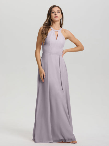 A-Line Hater Key Hole Sleeveless Floor Length Chiffon Bridesmaid Dress