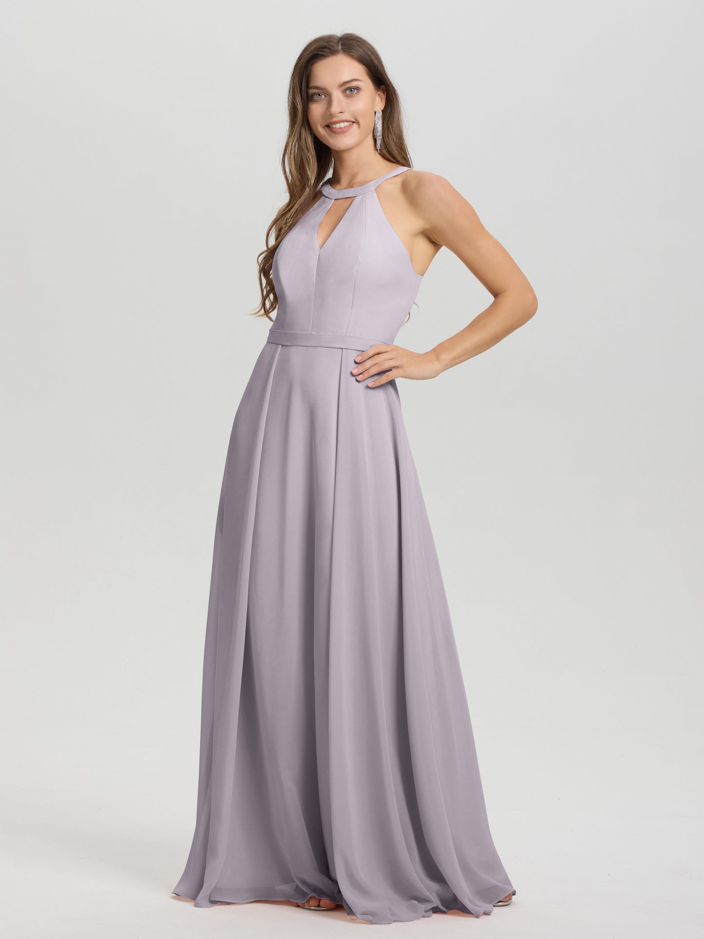 A-Line Hater Key Hole Sleeveless Floor Length Chiffon Bridesmaid Dress