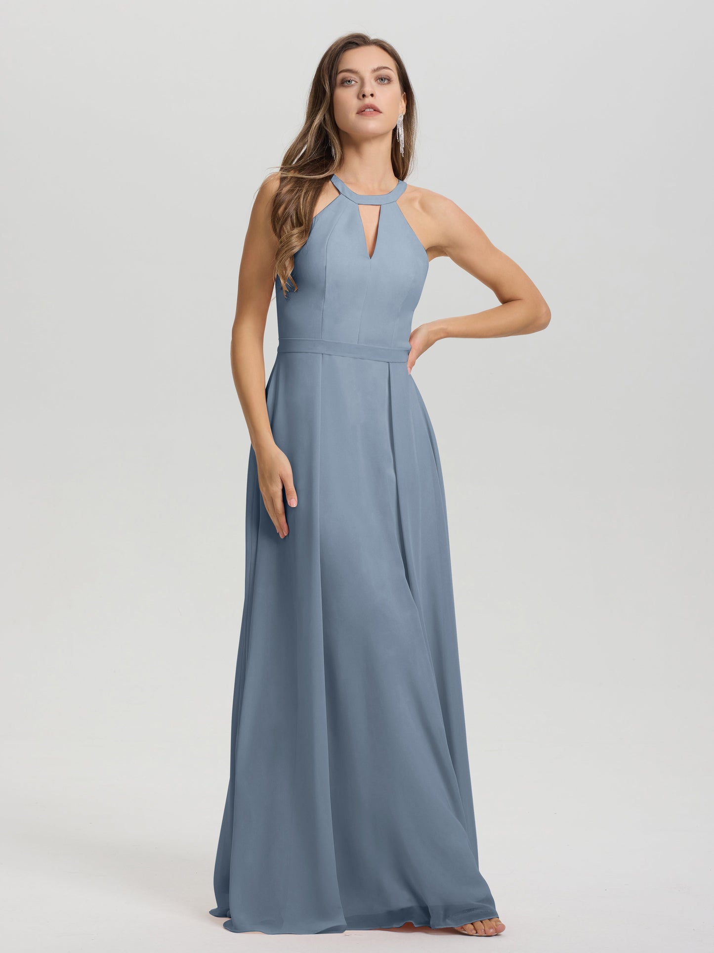 A-Line Hater Key Hole Sleeveless Floor Length Chiffon Bridesmaid Dress