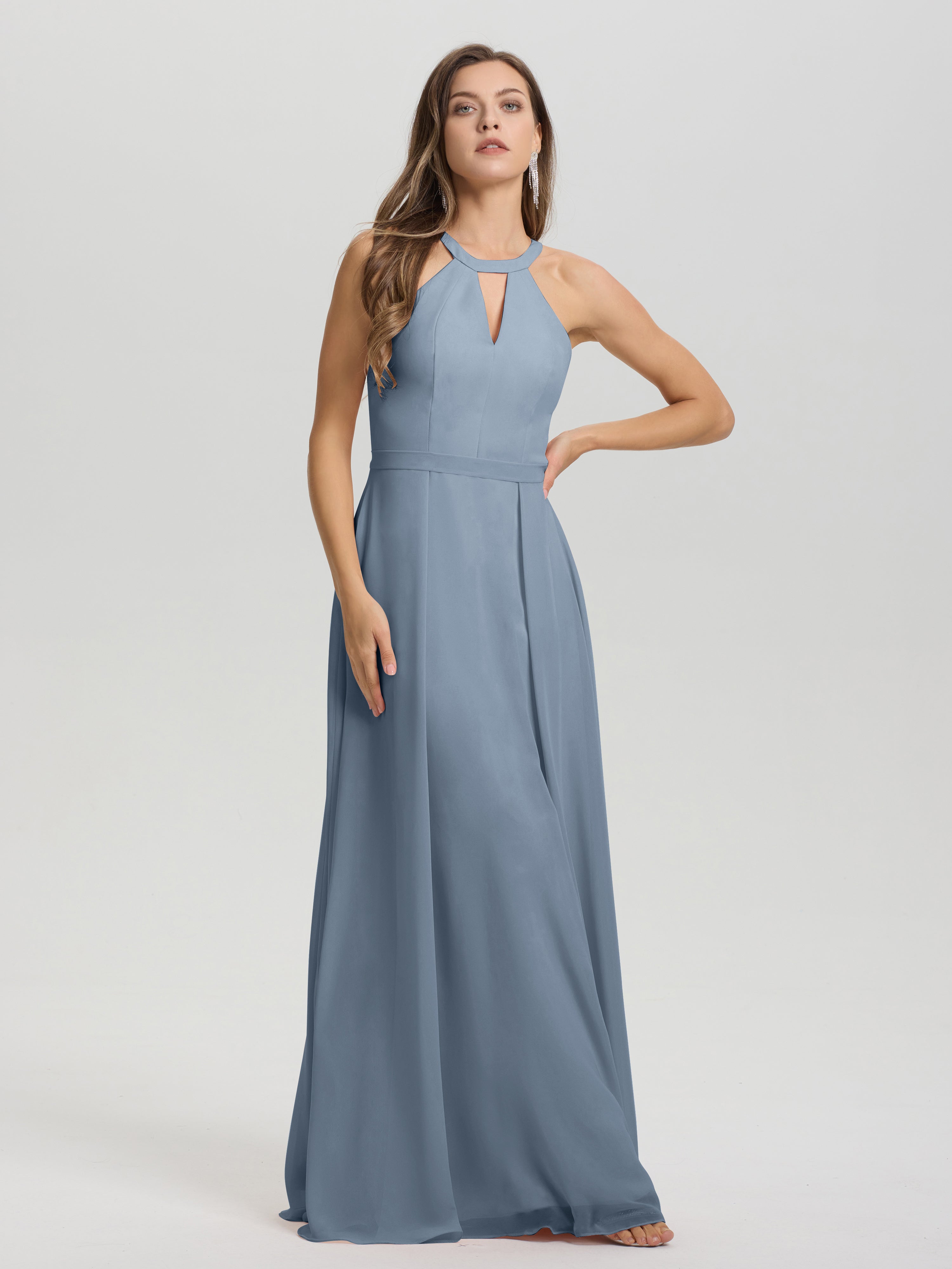 A-Line Hater Key Hole Sleeveless Floor Length Chiffon Bridesmaid Dress