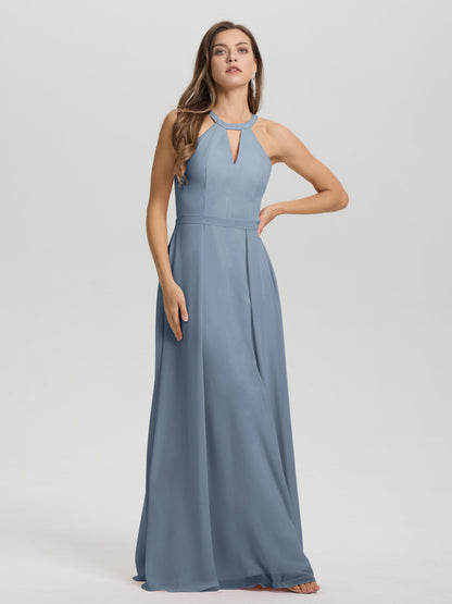 A-Line Hater Key Hole Sleeveless Floor Length Chiffon Bridesmaid Dress