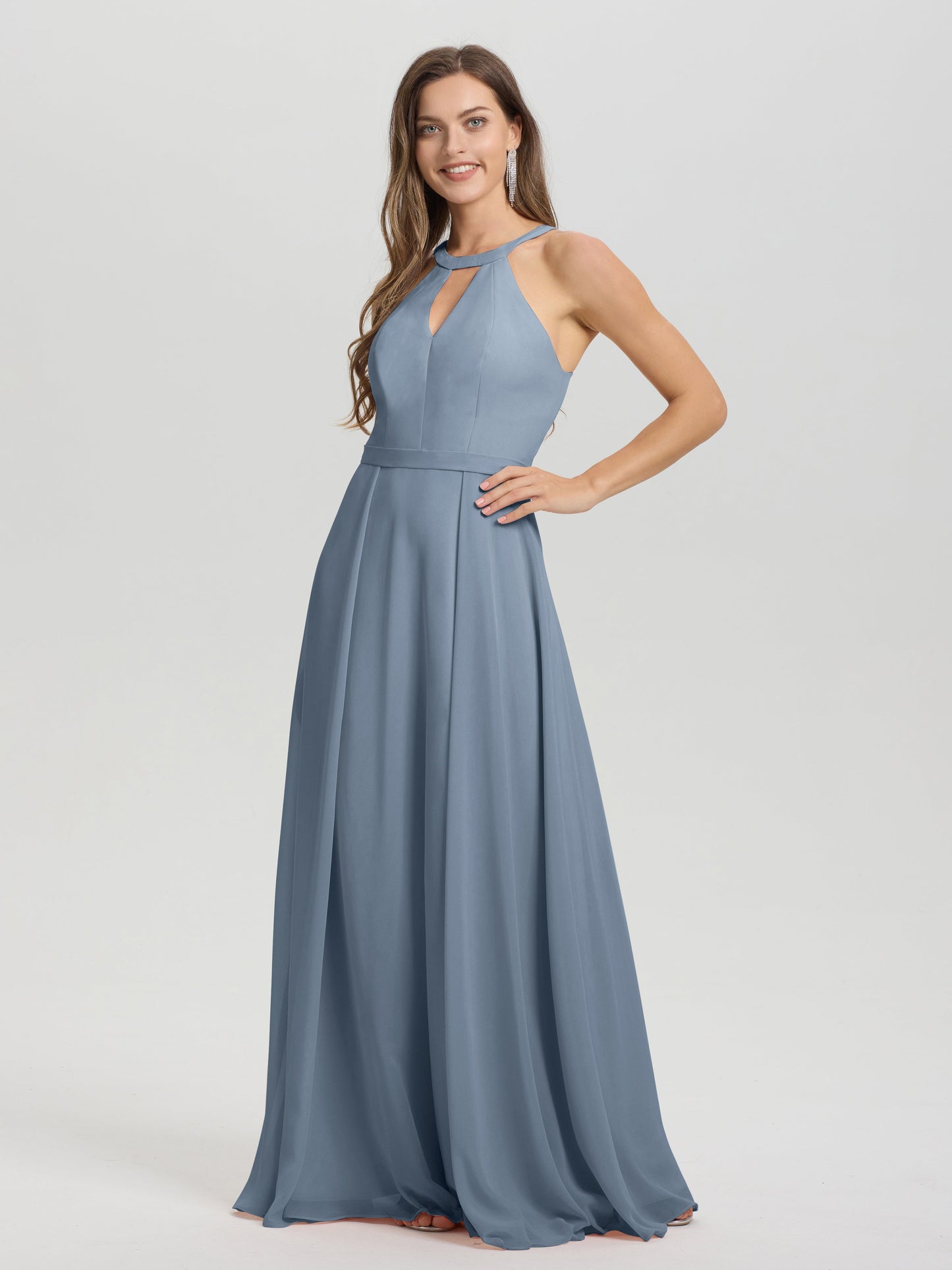A-Line Hater Key Hole Sleeveless Floor Length Chiffon Bridesmaid Dress