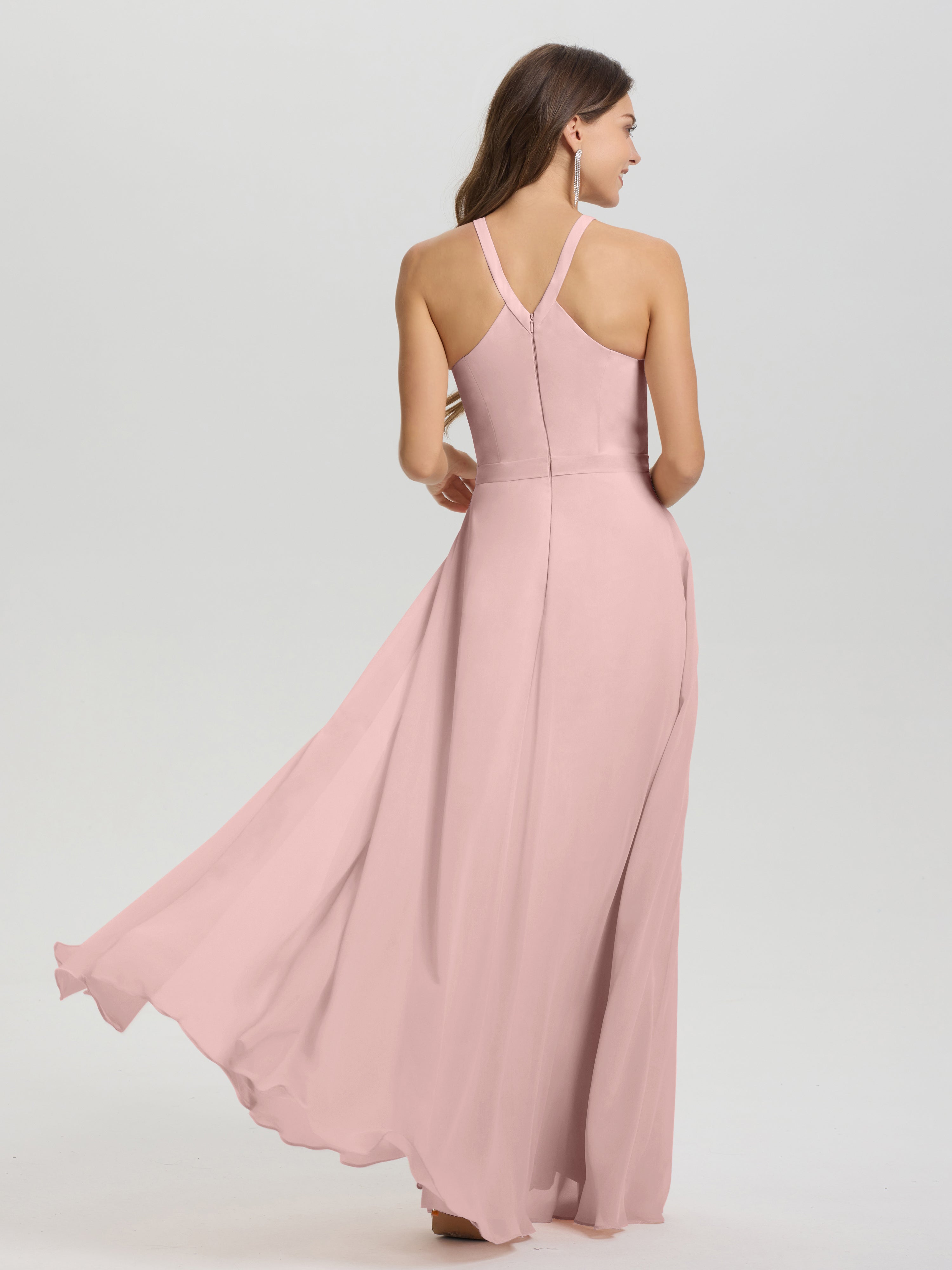 A-Line Hater Key Hole Sleeveless Floor Length Chiffon Bridesmaid Dress