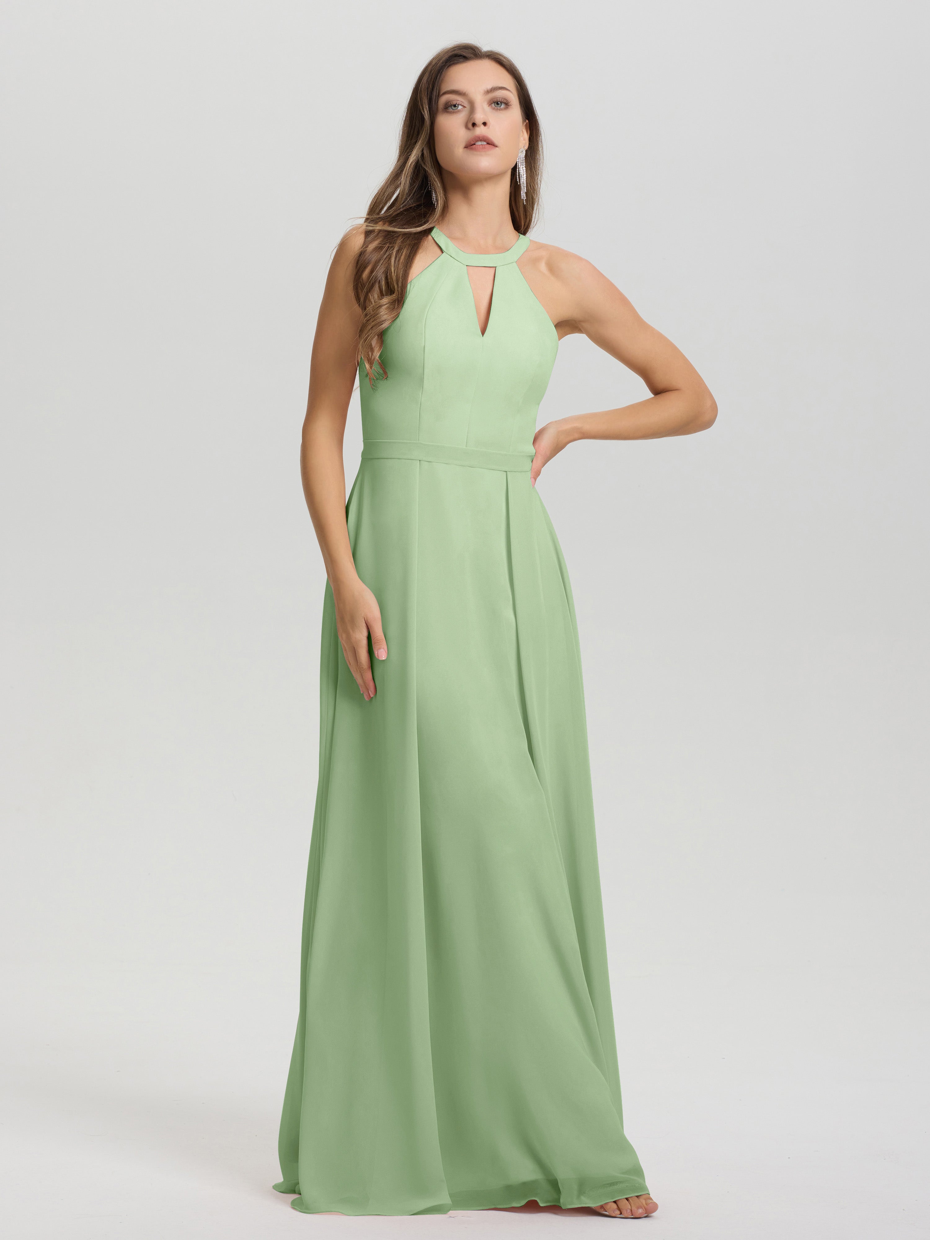 A-Line Hater Key Hole Sleeveless Floor Length Chiffon Bridesmaid Dress