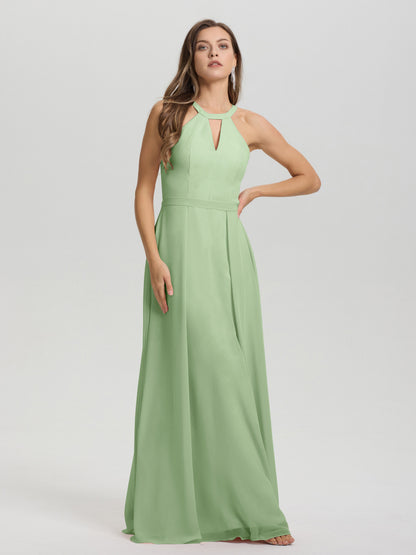A-Line Hater Key Hole Sleeveless Floor Length Chiffon Bridesmaid Dress
